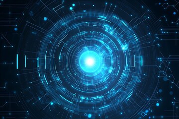 Fototapeta premium Abstract blue glowing digital technology background with circular shapes and futuristic circuit lines