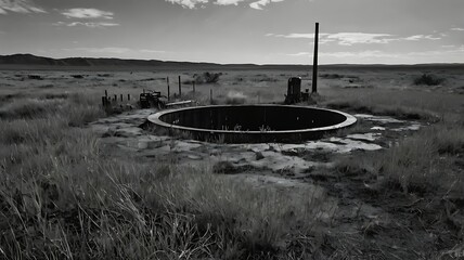 Black and white view of overgrown nuclear ruins left in silence