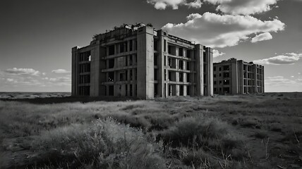 Grass-covered remains of abandoned atomic test ground in grayscale