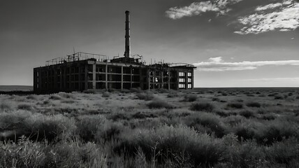 Forgotten nuclear test location overtaken by grass in black and white photo