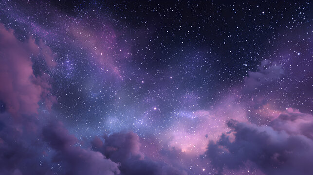 Purple Galaxy Night Sky with Sparkling Stars and Clouds