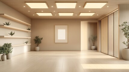Fototapeta premium Bright interior showcasing wood floors, shelves with plants, recessed lighting, and framed art