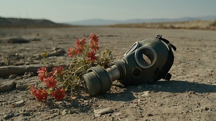 Close-up shot of wilted flower and gas mask in dry ruins