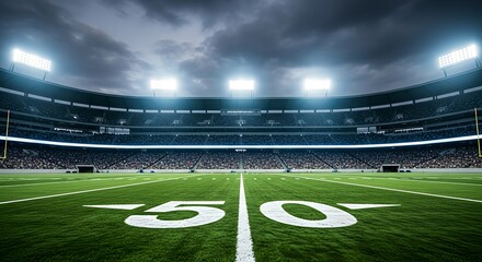 View from the 50-yard line of a professional American football field inside a large, illuminated stadium at night