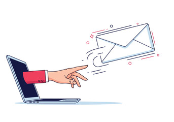 Sending electronic mail from a laptop computer with a hand reaching out to an envelope