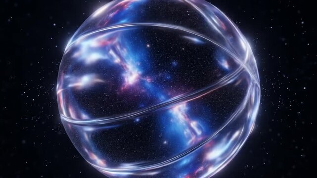 Captivating cosmic basketball: A mesmerizing dance of galaxy within a transparent sphere, - Powered by Adobe