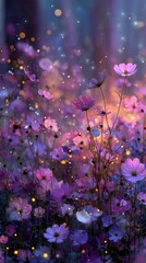 Obraz premium A beautiful twilight scene of a wildflower meadow with glowing fireflies illuminating the purple and pink cosmos flowers in a magical, dreamy landscape at dusk.