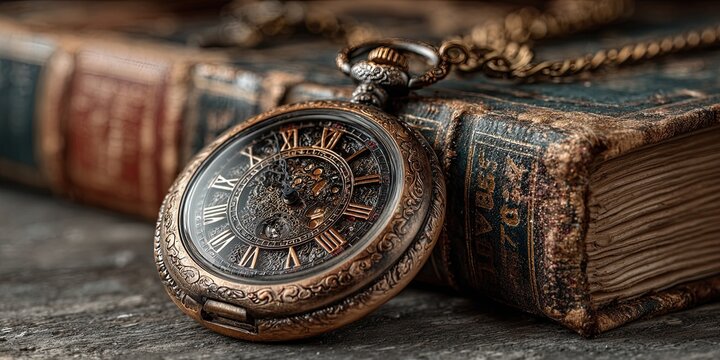 Antique pocket watch against the background of old books