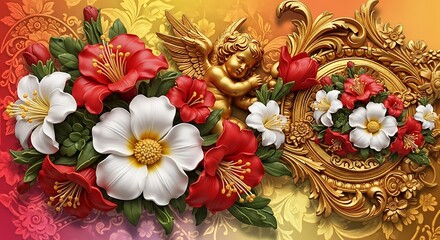 Ornate Floral Arrangement with Golden Cherub and Baroque Scrollwork.