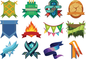 Collection of colorful cartoon badge and ribbon designs for games and applications on white background