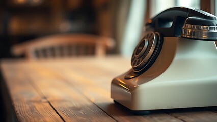 Vintage rotary telephone on wooden table with warm lighting and blurred background.