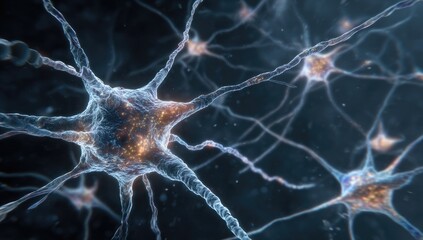 Close-up view of interconnected neurons, glowing with intricate detail