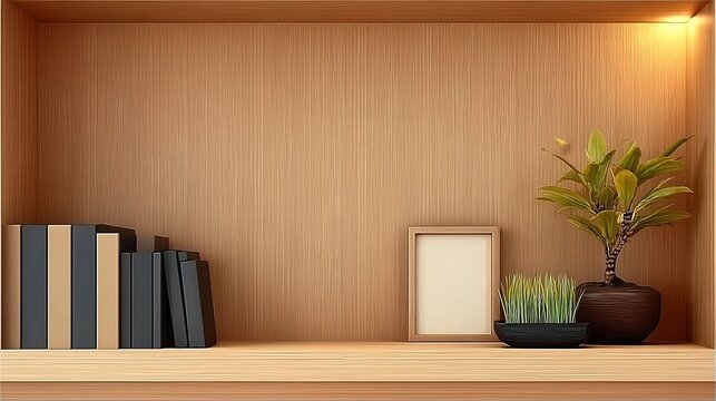 Minimalist wooden bookcase with organized books, decorative frame, lush green plant,small grass pot on warm wooden background. Cozy modern home office decor and stylish zoom background interior design