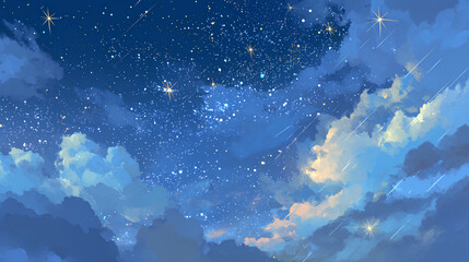 Sparkling starry sky, night sky, clouds, background illustration, blue Stock Illustration