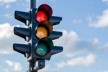 traffic light, street light, urban, cityscape, outdoors, red light, yellow light, green light, sky, clouds