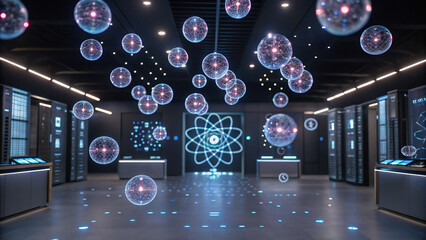 Futuristic laboratory room filled with floating holographic particles and glowing atomic models, surrounded by advanced computer servers and digital displays, creating high tech atmosphere