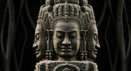 Ancient stone sculpture of a multifaced deity with intricate carvings and roots