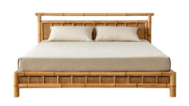 Natural bamboo bed frame with beige mattress and pillows, showcasing eco friendly design and cozy comfort for relaxing sleep environment