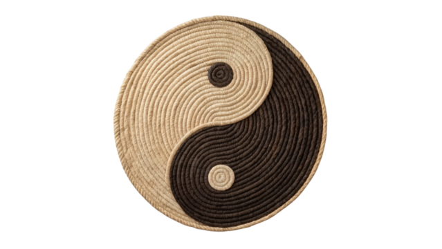 Yin yang symbol crafted from coiled rope in natural beige and dark brown colors, representing balance and harmony with textured, handcrafted appearance