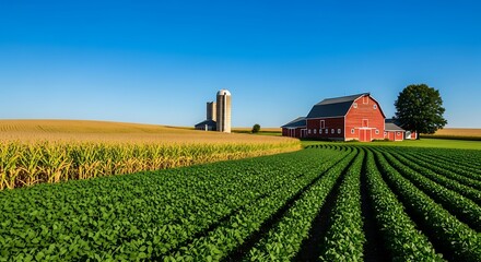 Picturesque Farmland with Red Barn and Silos.