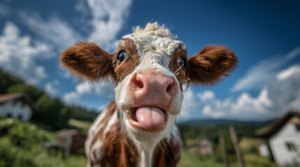 Funny cow portrait with a playful expression, close-up of a cow sticking tongue out in a green farm field under bright sunlight, humorous animal photography, farm animals, dairy co