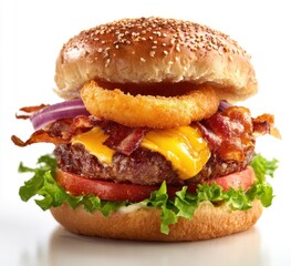 Gourmet burger with onion rings, bacon, and cheese