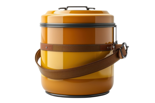 Yellow and brown insulated beverage container with carrying strap design on transparent background