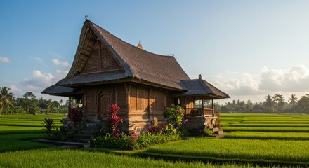 Fototapeta premium Traditional Balinese Wooden House with Thatched Roof Surrounded by Lush Rice Fields and Tropical Plants