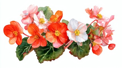 Fototapeta premium Watercolor floral set, begonia flowers. Hand drawn illustration of houseplant isolated on white background.