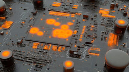 orange heat map overlay highlighting hotspots on circuit board tech diagnostic visualization illustration concept scene visual for commercial design use high detail quality stock image illustration