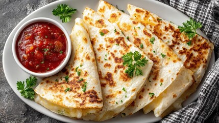 Minimalist flat lay showcases a delicious breakfast quesadilla on a white plate alongside a vibrant bowl of salsa creating a 1-giga-standard v2-4x presentation.