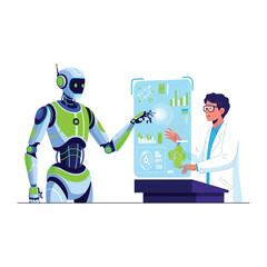 Scientist and Robot Collaborate on Data Analysis: A friendly-looking robot and scientist collaborate on a digital interface showing data analysis.