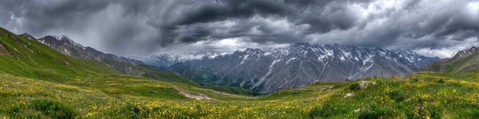 Obraz premium The mountain slope is covered in vibrant alpine wildflowers as dark storm clouds gather above the majestic peaks in a panoramic view of the mountainous landscape.