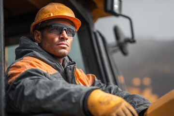 Construction worker operating heavy machinery on job site urban environment close-up portrait professionalism and focus