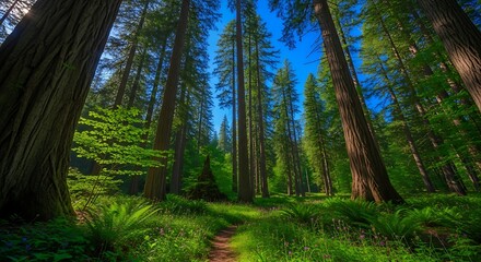 Majestic Redwood Forest Path Bathed in Sunlight.