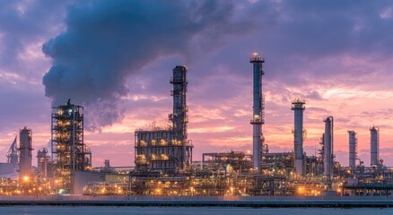 Obraz premium Industrial plant at sunset with smoke stacks