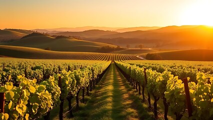 Fototapeta premium Vineyard landscape with orderly grapevines under golden sunlight, featuring distant rolling hills in a peaceful countryside setting.