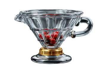Glass gravy boat filled with red spheres on transparent background