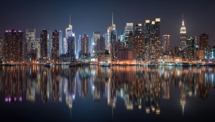Fototapeta premium Panoramic view of New York City skyline at night, reflected in calm water