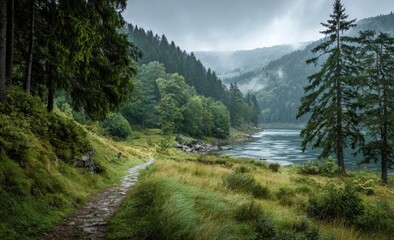 Obraz premium Misty mountain lake, path through lush forest