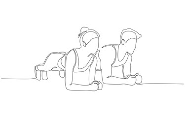 Continuous one line drawing of couple exercising together in plank position, healthy lifestyles between partners or workout companions concept, single line art