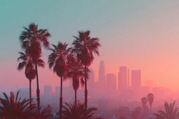 Palm trees frame Los Angeles skyline at sunset