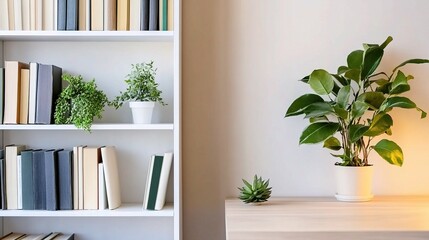 Minimalist white bookcase with neatly arranged books, green plants on top, wooden desk with lush foliage,succulent, soft gray wall background, cozy modern home office decor and stylish zoom background