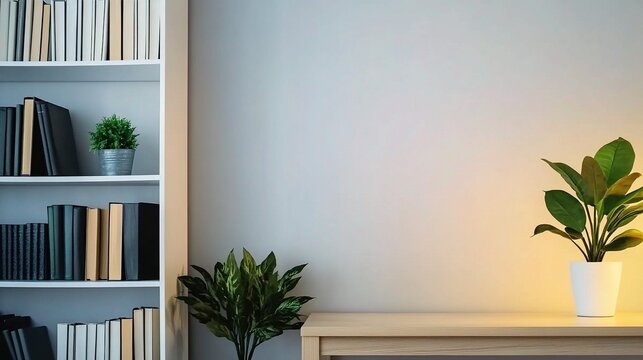 Minimalist white bookcase with neatly arranged books, green plants on top, wooden desk with lush foliage,succulent, soft gray wall background, cozy modern home office decor and stylish zoom background