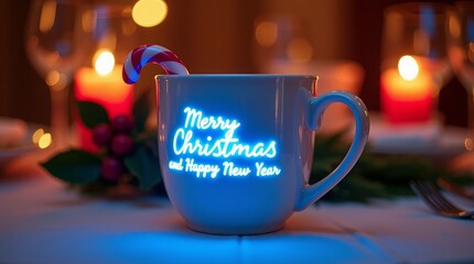 Fototapeta premium Festive mug with candy cane and holiday lights Christmas