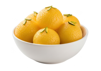 Sweet yellow spheres in white bowl food photography isolated on transparent background