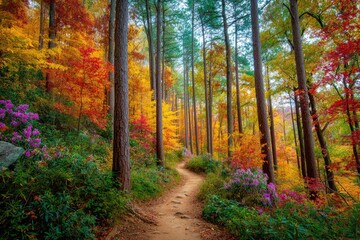 Obraz premium Autumnal path winding through colorful forest