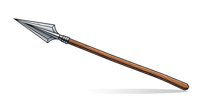 Ancient Wooden Spear with Sharp Metal Head on Isolated transparent background