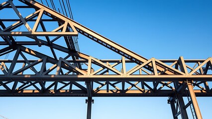 Industrial steel structure with geometric patterns, highlighting construction progress under clear skies.