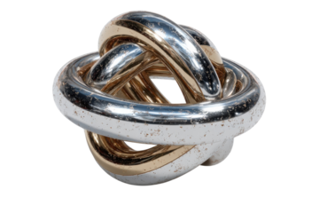Metallic knot sculpture with gold and silver elements on transparent background